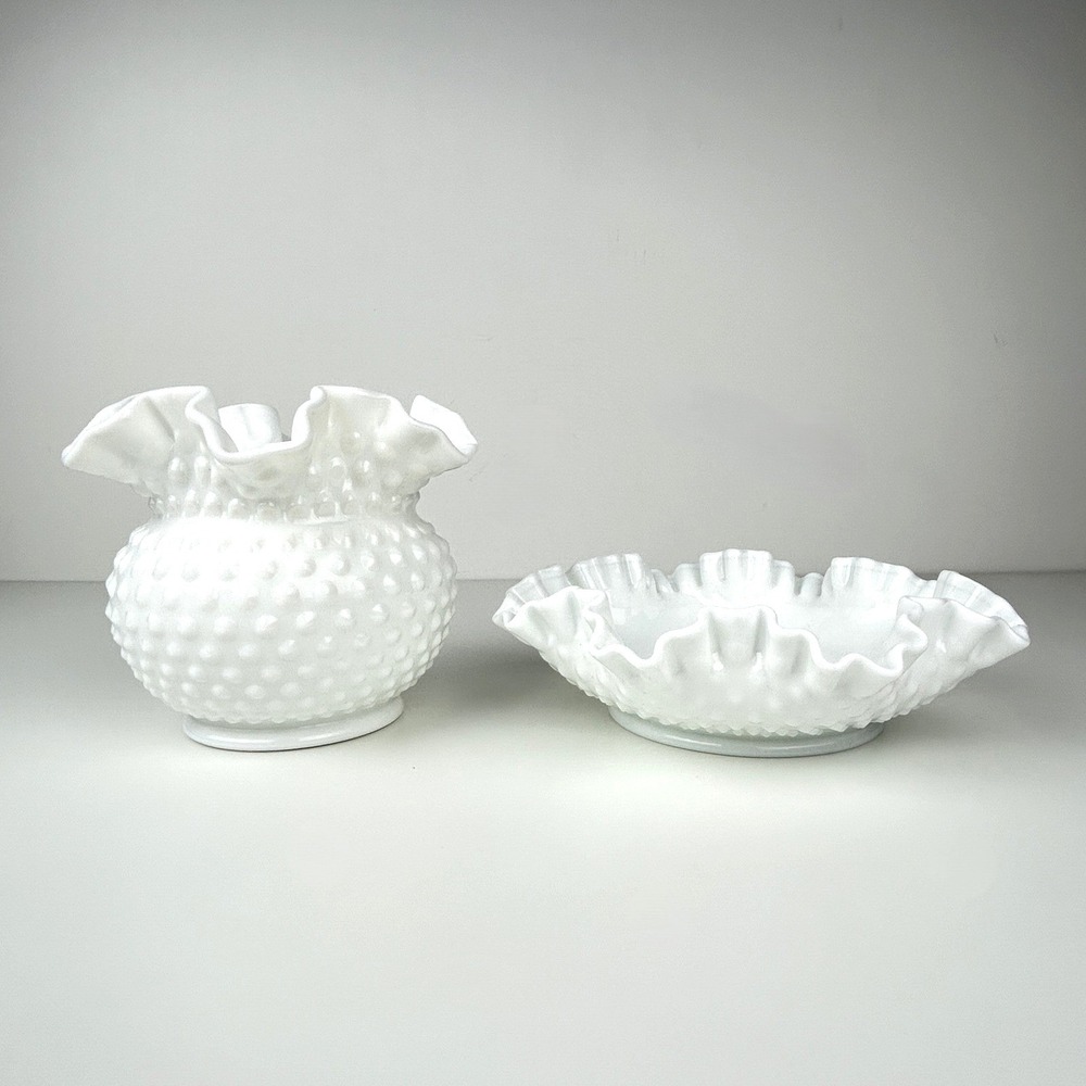 Fenton Milk‎ Glass Hobnail Ruffled Vase 6" Dish Bowl 8" Vintage Set